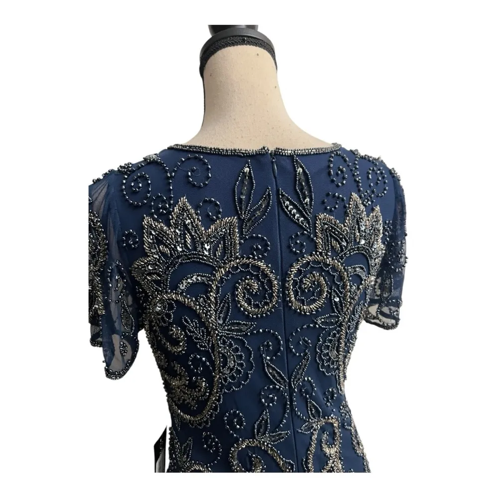 Pisarro Nights Blue Midi with Embellish Beaded Illusion Neck Dress Size 8 - Image 8