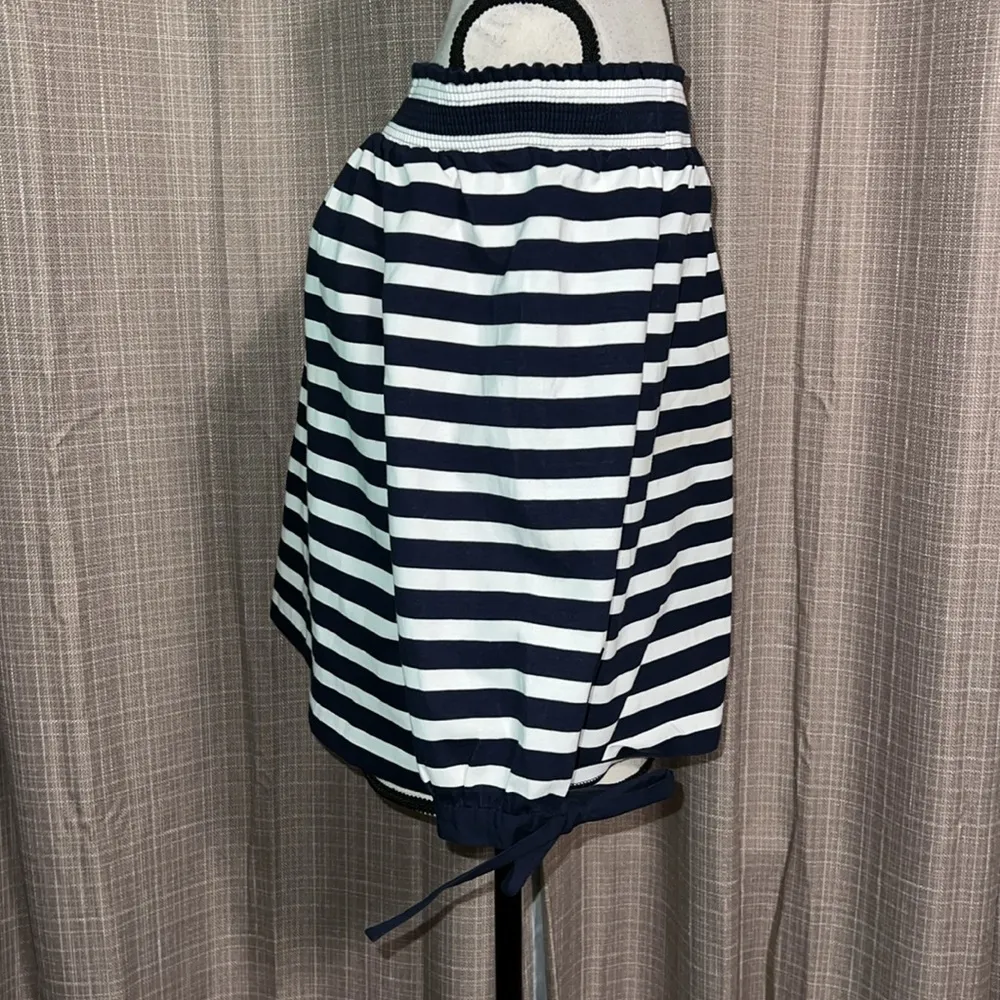 J. CREW women’s medium off the shoulder dark blue stripe top bow sleeve detail - Image 4