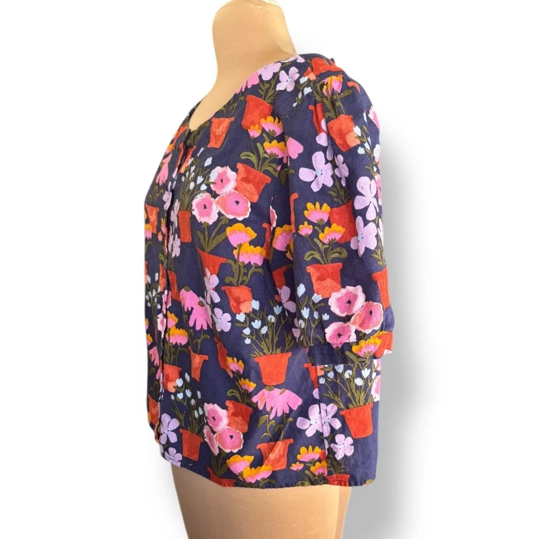 Princess Highway Floral Pot Print Linen Cotton Top Linen Blend Puff Sleeves Blue Size undefined - Image 4