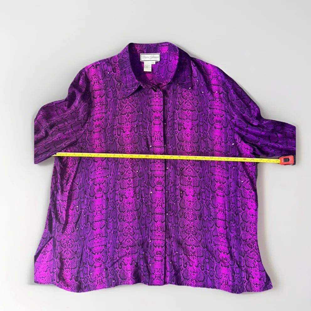 Diane Gillman Silk Pink Fusia Animal Print Embellished Button‎ Up Top Size 2X - Image 7