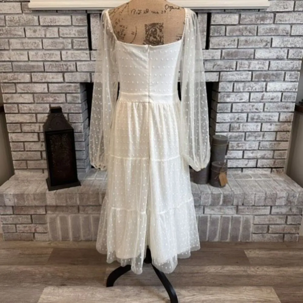 Lulus Affectionate Aura White Swiss‎ Dot Tiered Bustier Midi Dress Medium - Image 4