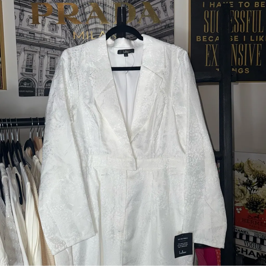 Lulus Ivory Jacquard Collared Surplice Belted Long Sleeve Jumpsuit Womens XL NWT - Image 6