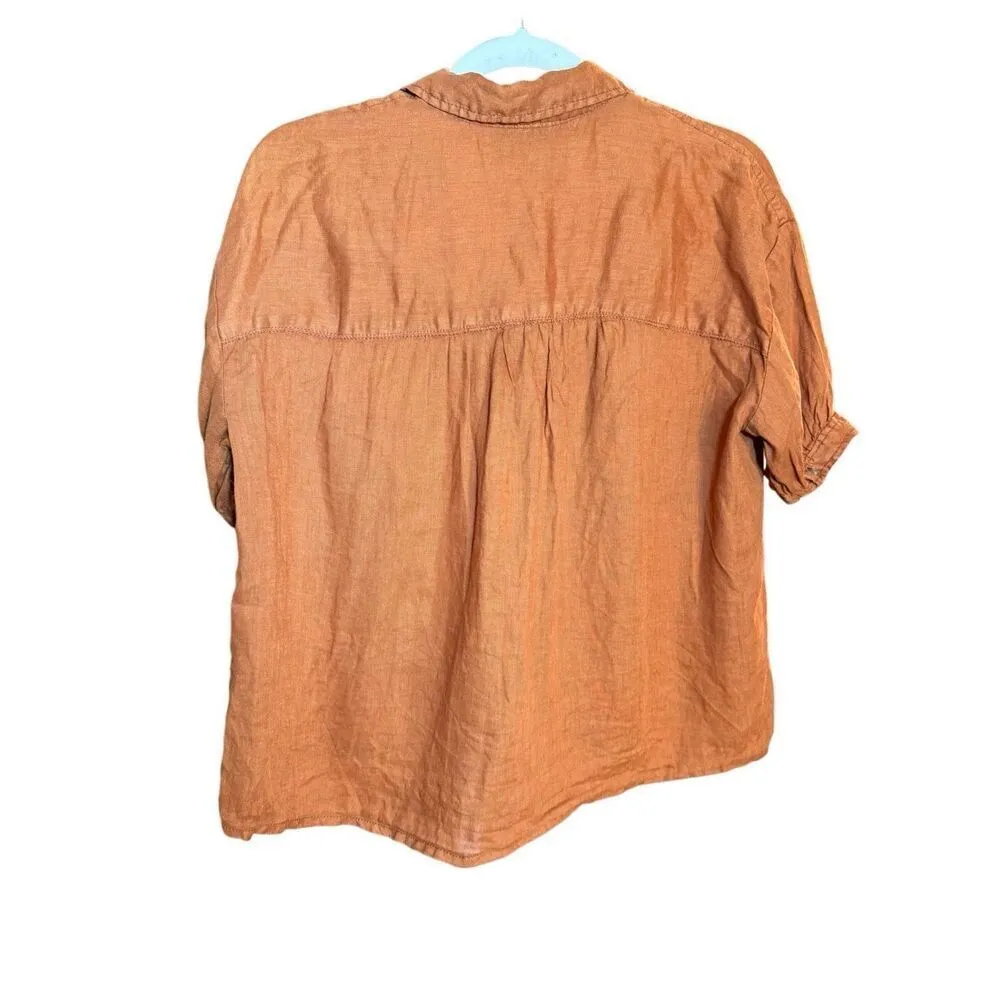 Anthropologie Pilcro Linen Surf Button Down Shirt Rust Orange Front Pockets Sz X Brown - Image 3