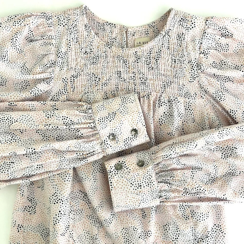 Rebecca Taylor La Vie Darcie Smocked Blouse in Multi Dot Print Size XS - Image 3