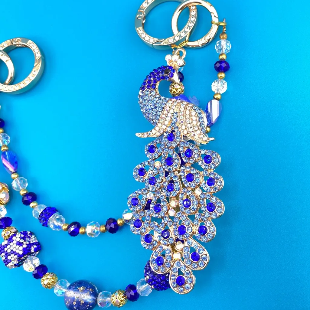 🦚Luxury Bag/Phone Chain Charm/Keychain Blue Rhinestone PEACOCK Crystal Beads - Image 6
