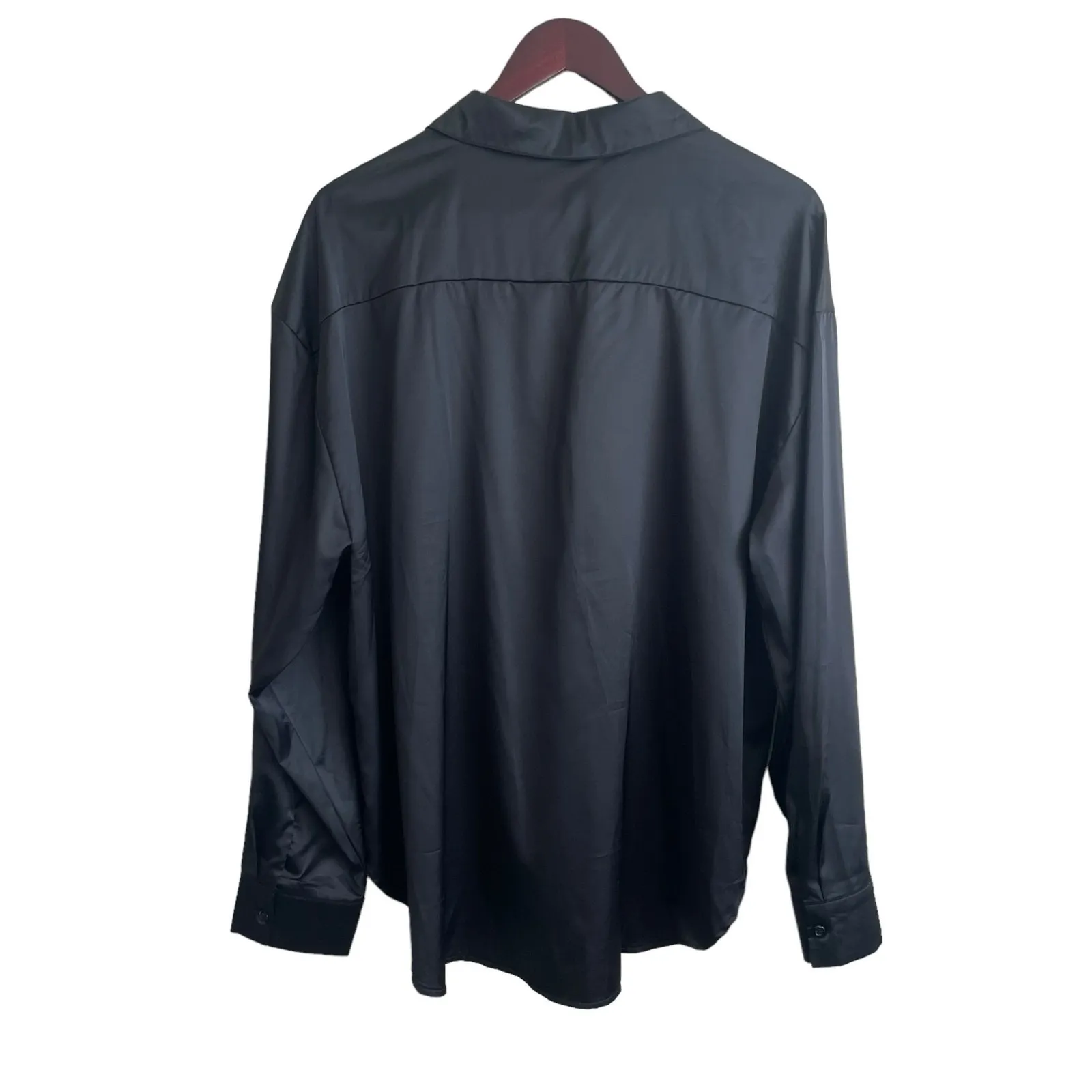 Black Satin Button Up Blouse XL High Low Hem Gothic Disco Clubwear Alt Night Out - Image 2