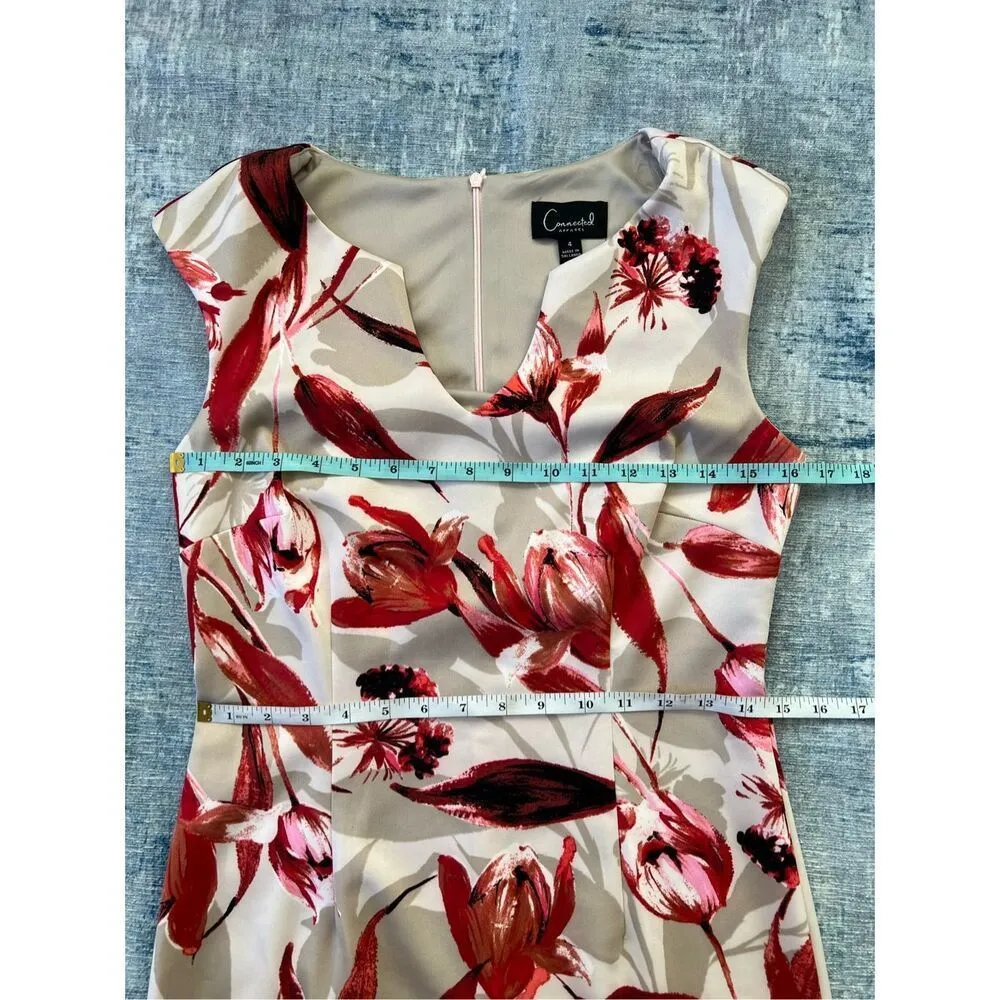 Connected Apparel Off White Taupe Red Floral Sleeveless Dress Size 4 - Image 5