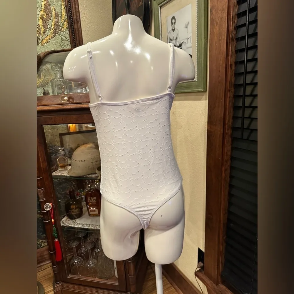 EUC ~EYE CANDY~ soft white bodysuit with a front RUGE breast area spaghetti S - Image 4