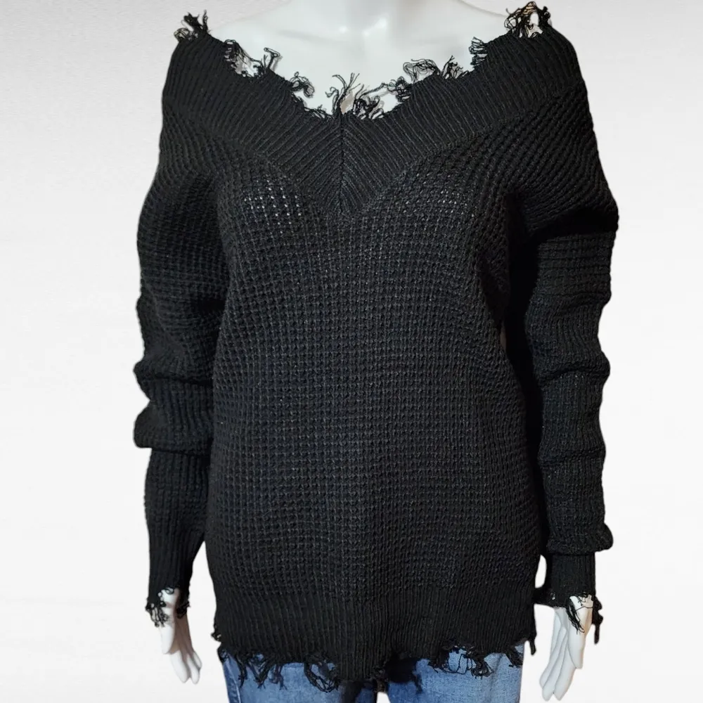 Zenana Black Double Vneck Distressed Waffle Knit Size XS - Image 2