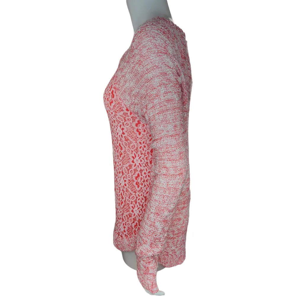 Cloud Chaser Size Large Pink White Open Knit Floral Lace Long Sleeve Sweater - Image 6