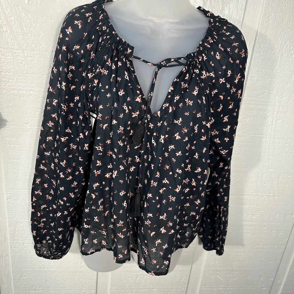 Billabong Women’s Black Floral Peasant Boho Long Sleeve Top Size Small NWOT - Image 3