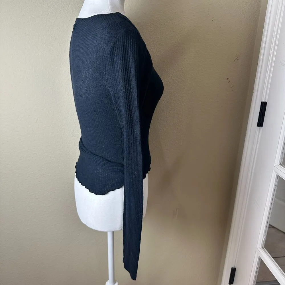 ABERCROMBIE & FITCH Lettuce Edge Ribbed Wrap Tie Sweater Top Size XS Black - Image 8