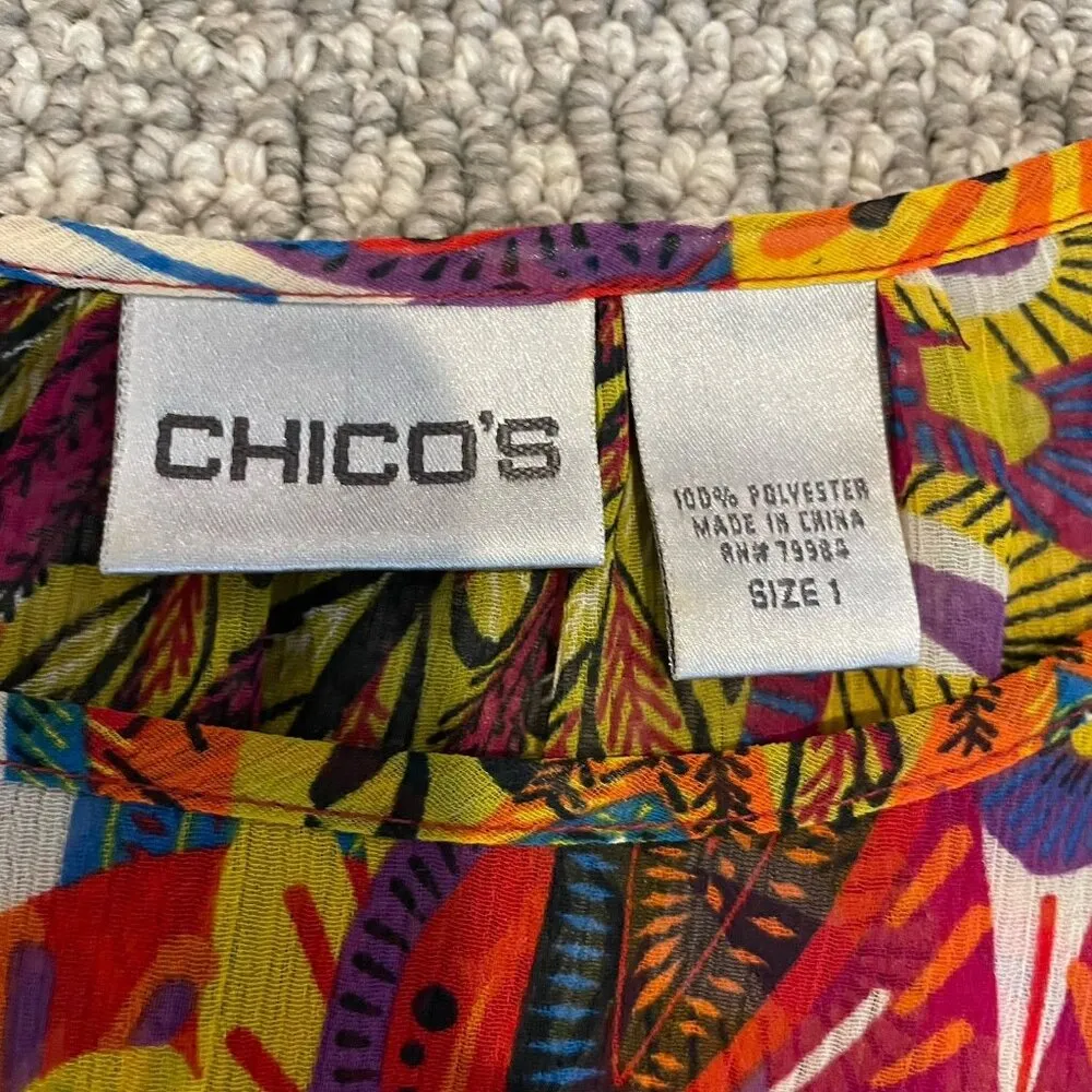 Chicos Shirt Womens Sz 1 Medium Peacock Sheer Colorful Animal Print Top Abstract - Image 2