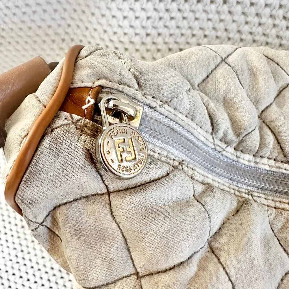 Fendi Vintage Cream White Quilted Faint Stripe Hobo Slouch Fabric Canvas Bag - Image 14