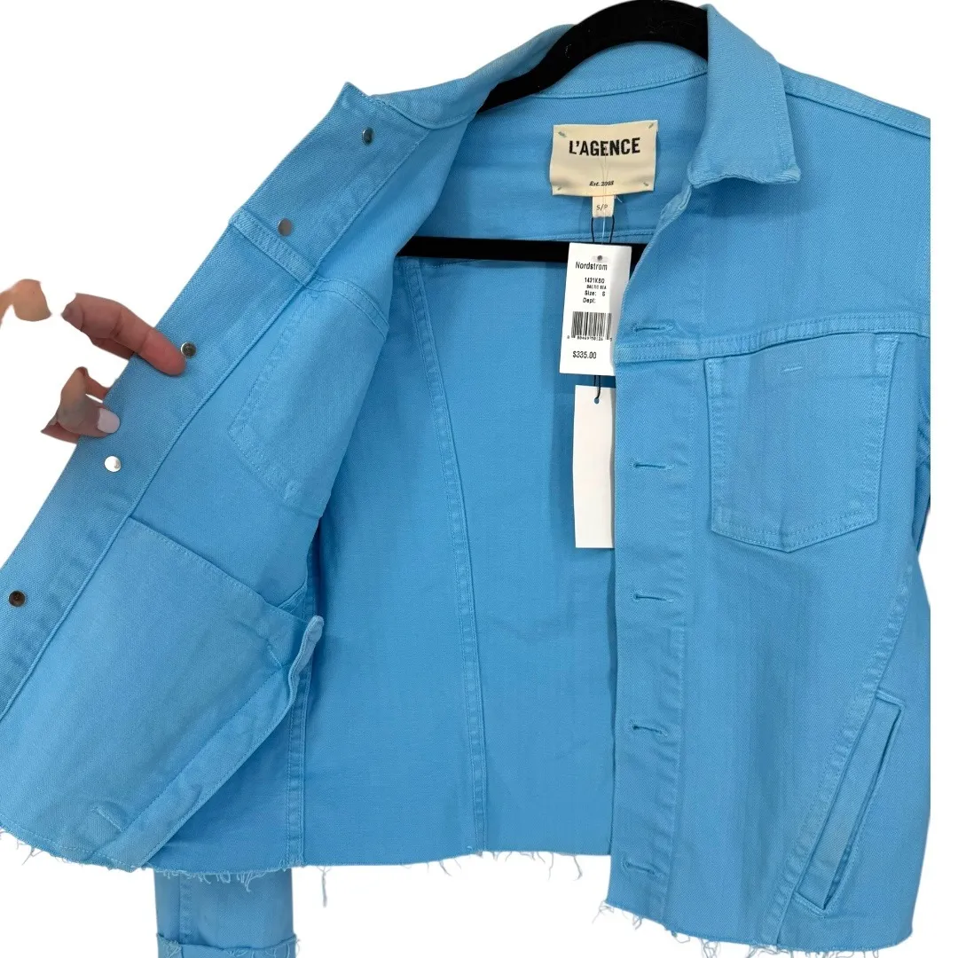 NWT L'AGENCE Janelle Slim Cropped Jean Jacket Raw Hem + Shorts Blue Size Small - Image 8