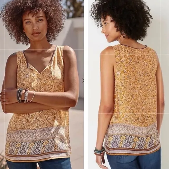 J Jill Canyon Border Print Tank Top Tigers Eye Wood cut Paisley Sz Petite Medium - Image 2