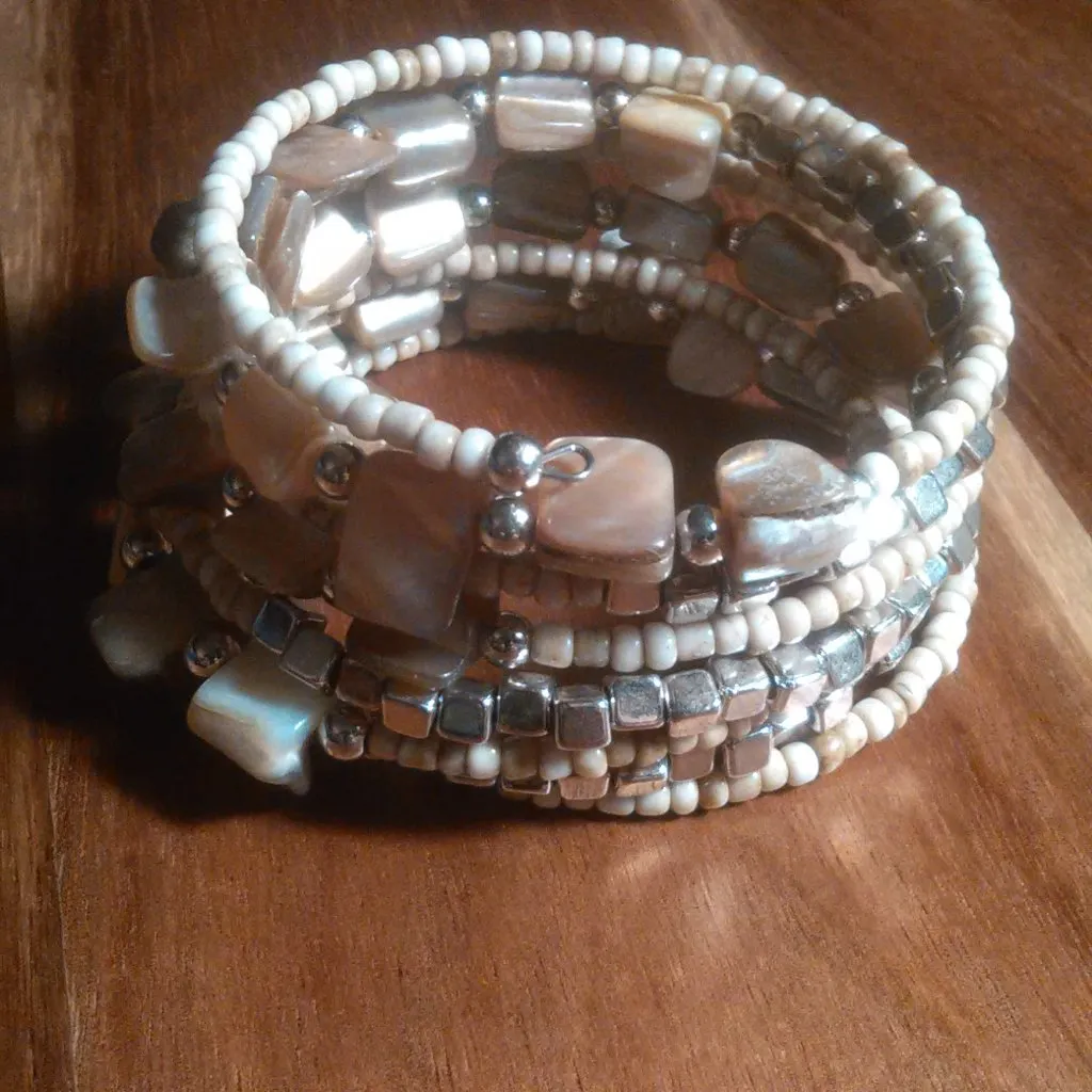Beige Seed Bead And Shell Stainless Steel Wrap Bracelet - Image 11