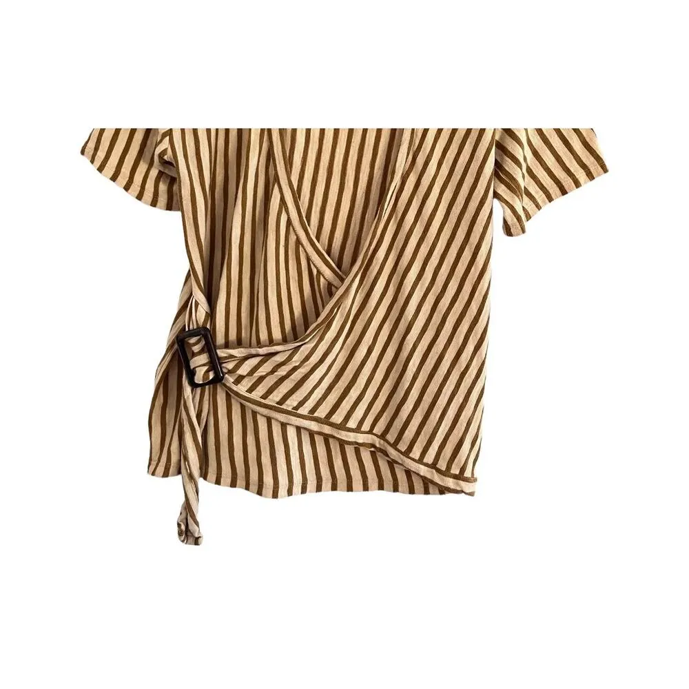 NWT Zara TRF Cotton Belted V Neck Striped Wrap Shirt Short Sleeves L Beige #3043 - Image 4
