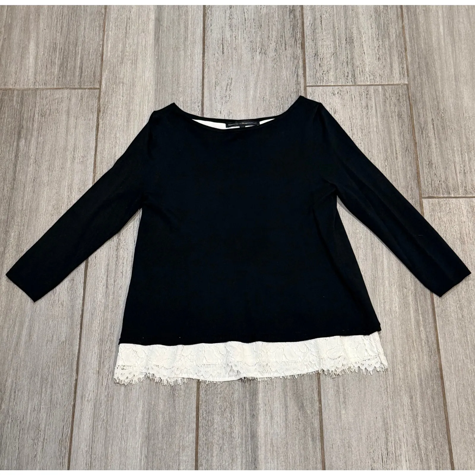 White House Black Market Top Blouse Womens XS Black Lace Back Coquette Tie - Image 6