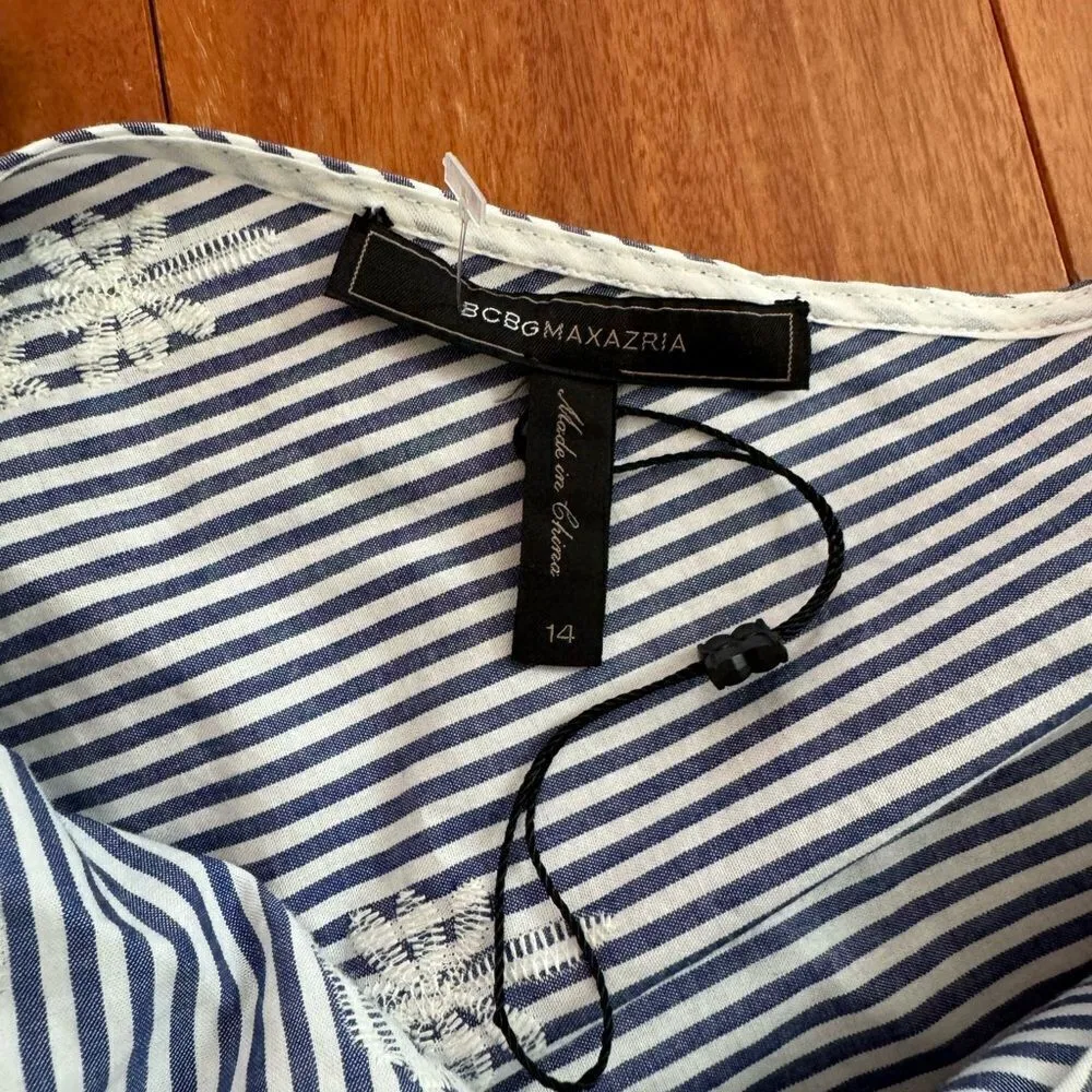 BCBGMAXAZRIA NWOT  BCBG One Shoulder Embroidered Stripe Dress Blue Combo Size 14 - Image 10