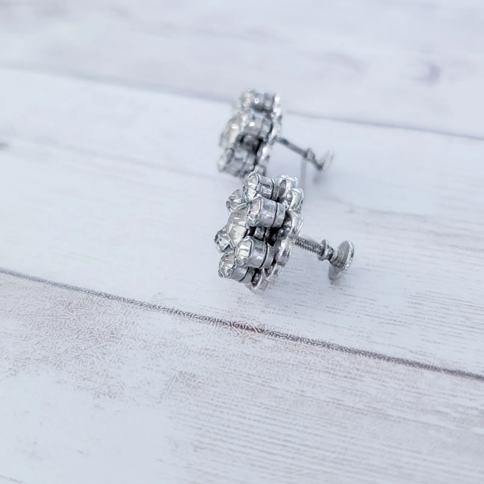Vintage Screw Back Earrings Clear Gem 0.75" Silver - Image 4