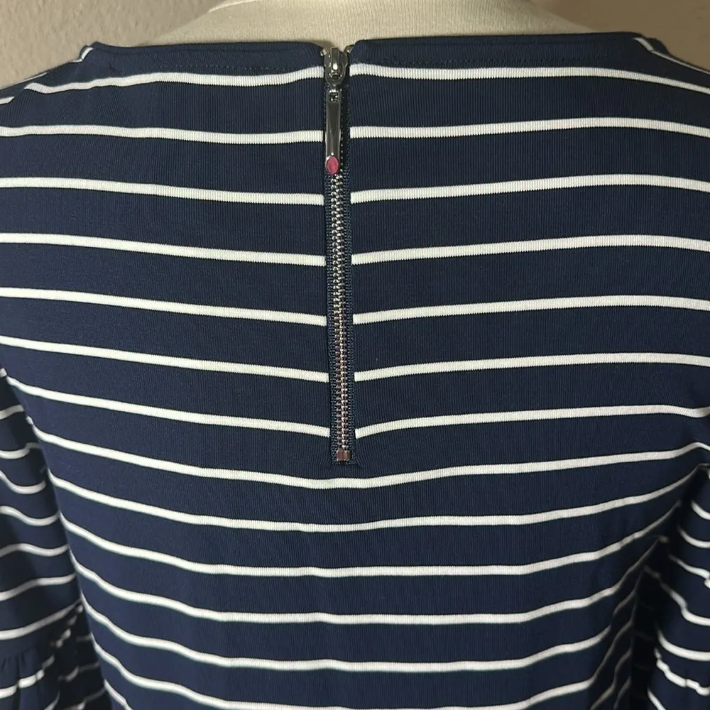 White House Black Market WHBM Navy Blue White Striped Bell Sleeve Dress Medium - Image 17