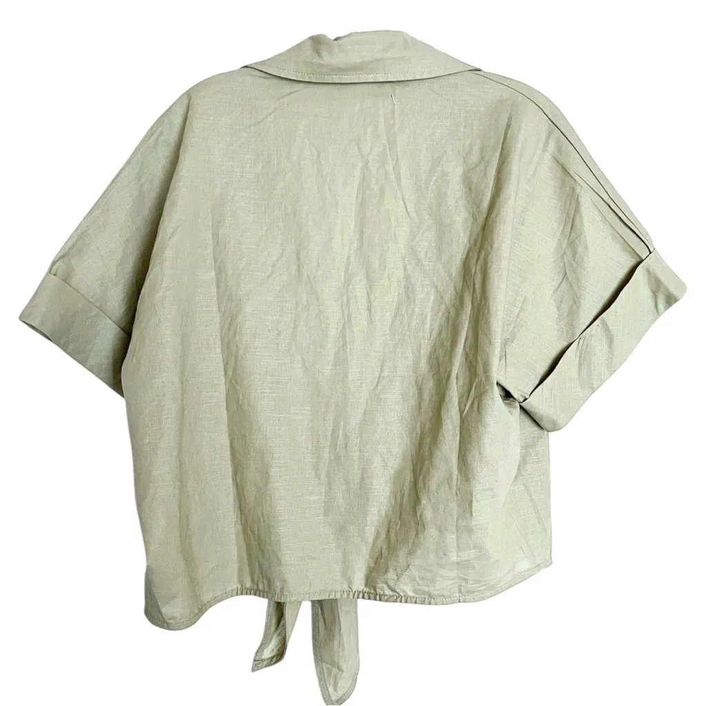 Mable The Label Tie Front Cropped Short Sleeve Collared Top Large Linen Blend Tan - Image 5