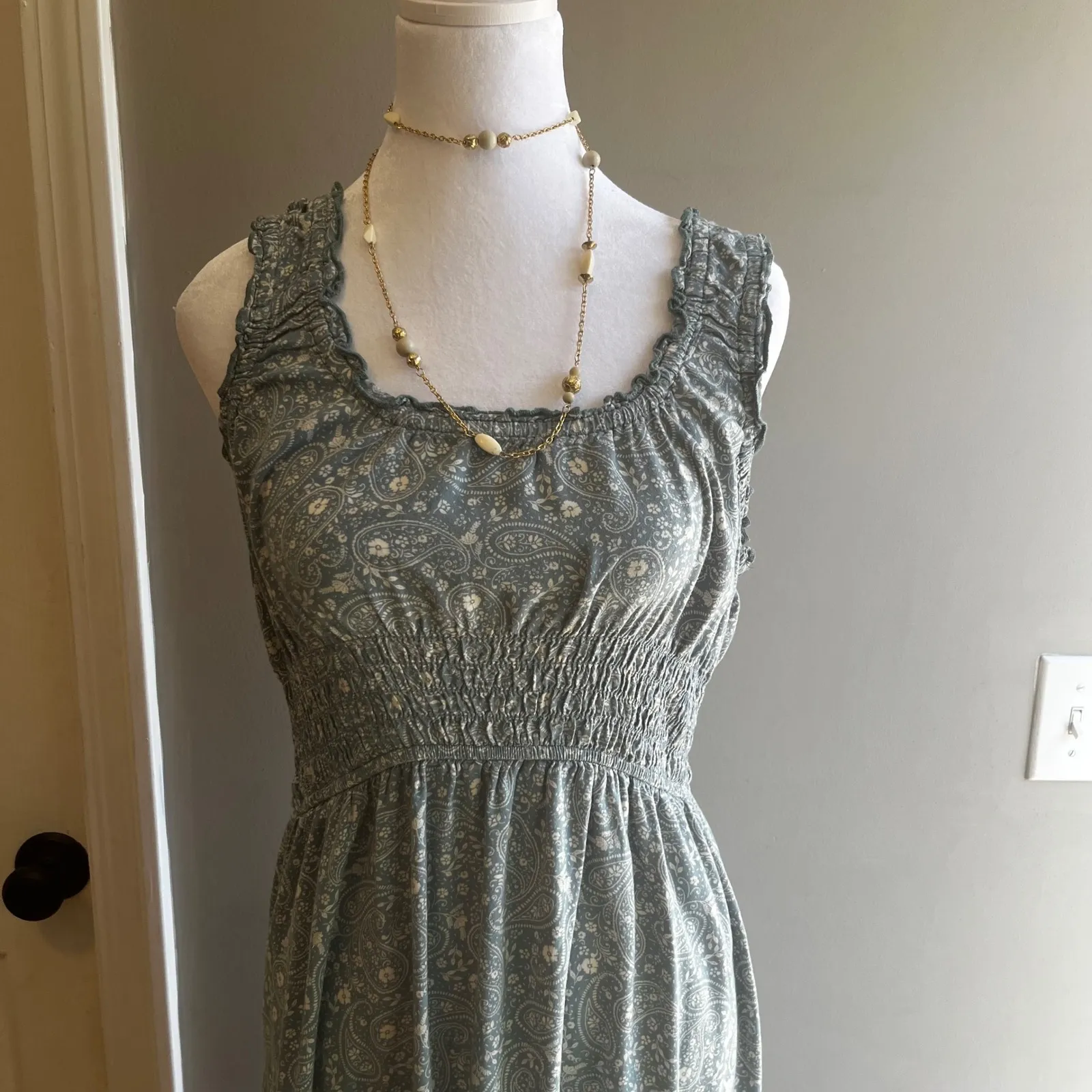 Light Blue Paisley Midi Dress Smocked Bodice Sleeveless Casual Summer Dress‎ - Image 2