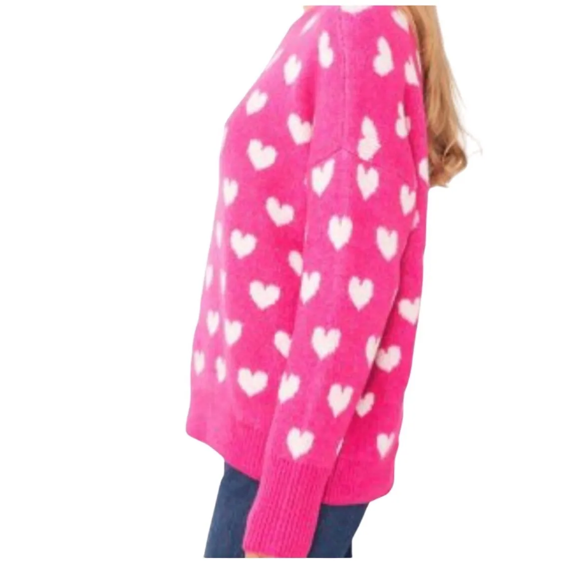 Vince Camuto Pink White Heart Print Crew Neck Long Sleeve Sweater Women Size XL - Image 2