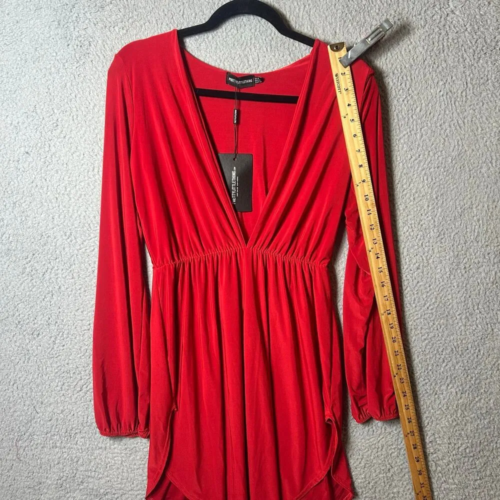 Pretty Little Thing Dress Womens‎ 4 Red Slinky Plunge Split Shift Stretch NEW - Image 5