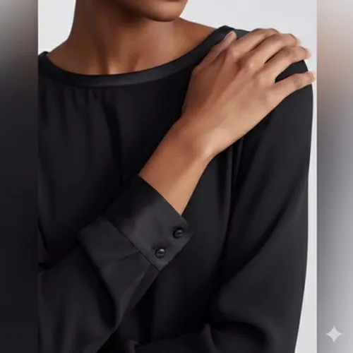 Eileen Fisher Dress Womens Petite PP Black Bateau Neck Silk Short Long Sleeve - Image 2