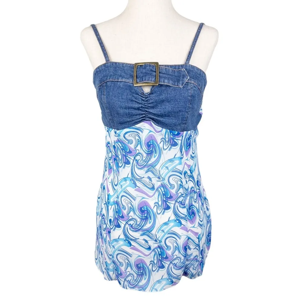 Vintage Y2K Metro Style Stretch Denim Buckle Tank Blue Purple Printed Scarf Top - Image 10