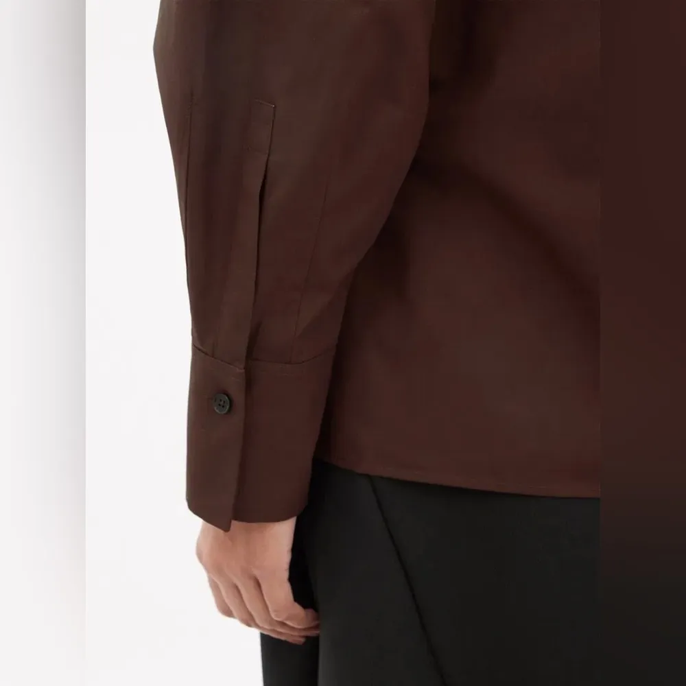 Jill Sander Tie-neck Organic-cotton Poplin Brown Blouse Long Sleeve V Neck - Image 3