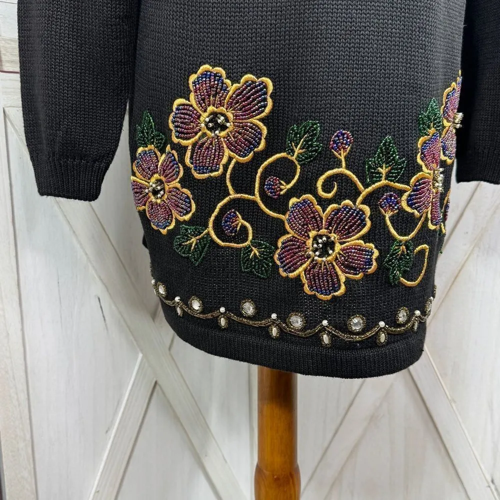 Vintage Victoria Jones 90s Floral Beaded Cowl‎ Neck Tunic Sweater Black Medium - Image 6