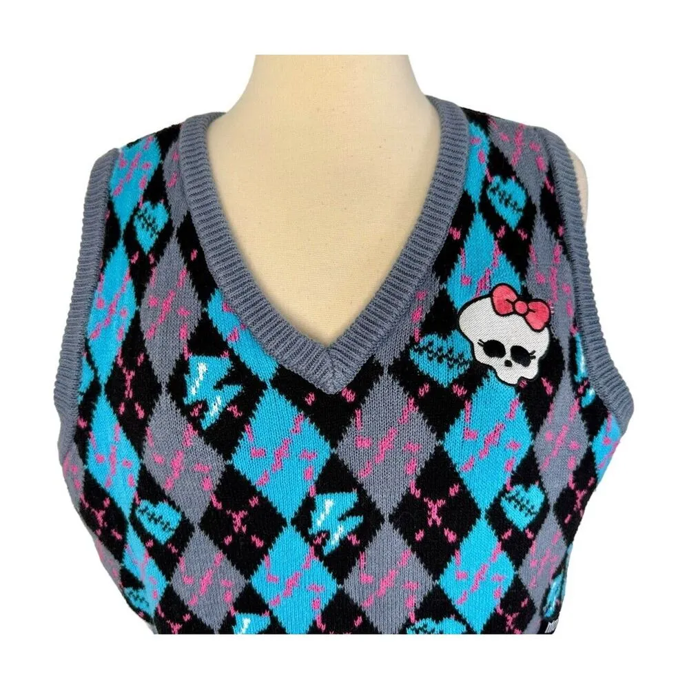 MONSTER HIGH Goth Schoolgirl Alumni Sweater Argyle Vest Embroidered Skull Sz XL - Image 4
