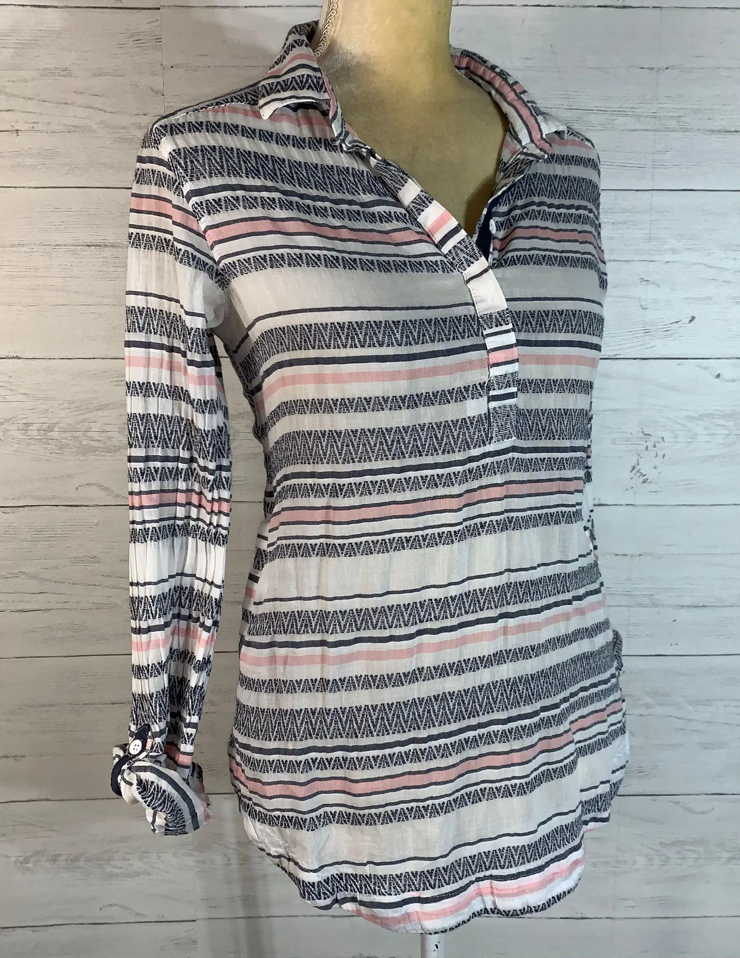 'Brooks Lake' White Multicolor Striped Long Roll Up Sleeve Tunic XS - Image 7