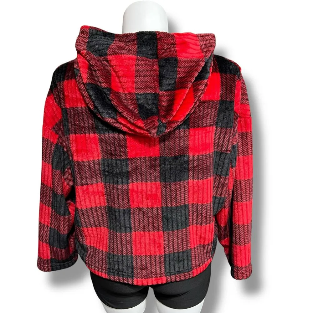 Joyspun Womens Fleece Hoodie Buffalo Plaid Hot Chocolate Weather Red Black Large - Image 3