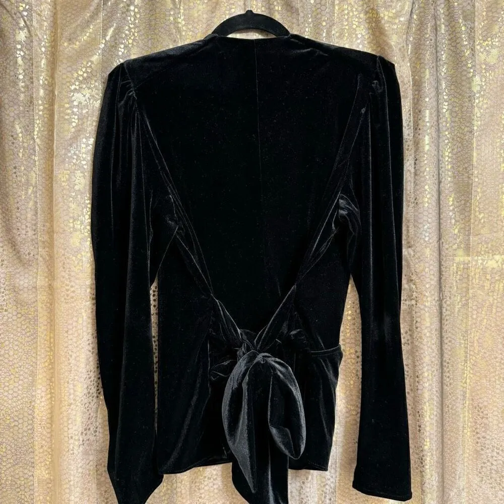 Zara Deep Black Velvet Wrap Front Tie Back Long Sleeve Bouse Medium - Image 2