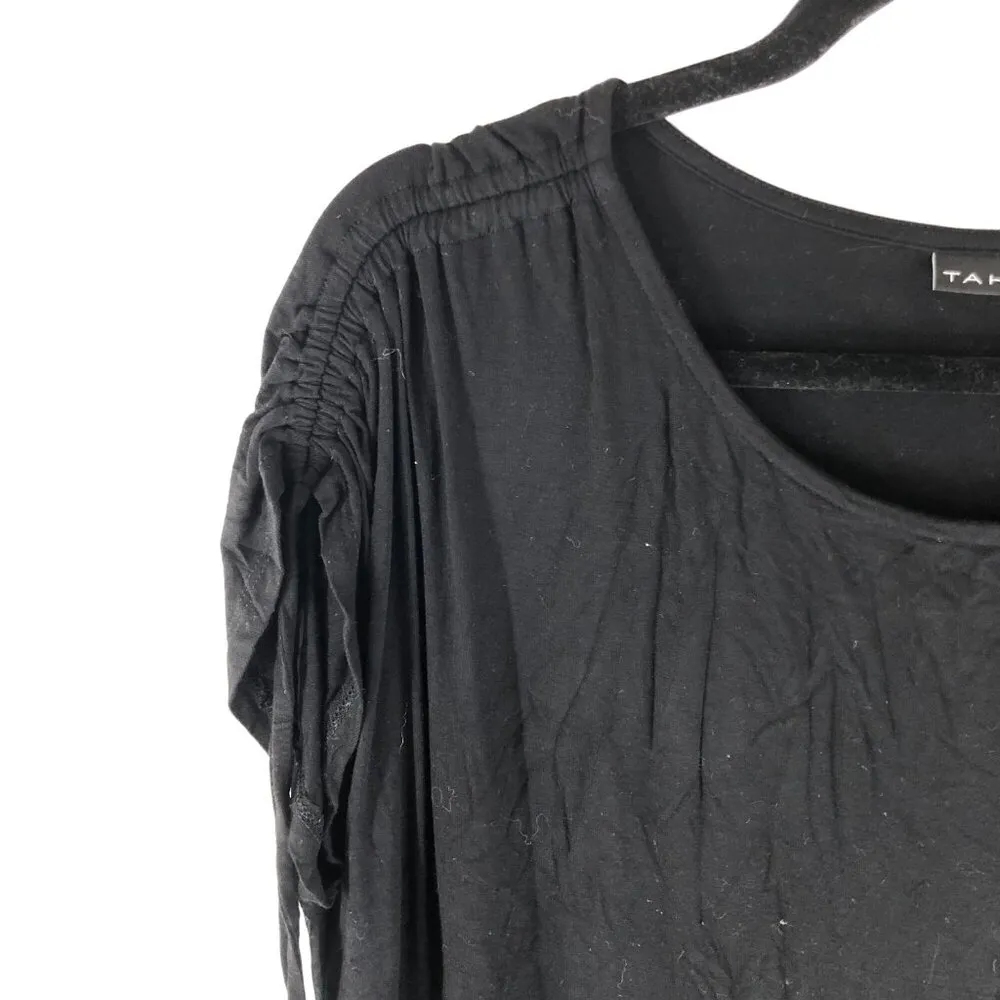 Tahari Womens T Shirt Top Ruched Cinch Detail Scoop Neck Short Sleeve Black L - Image 2