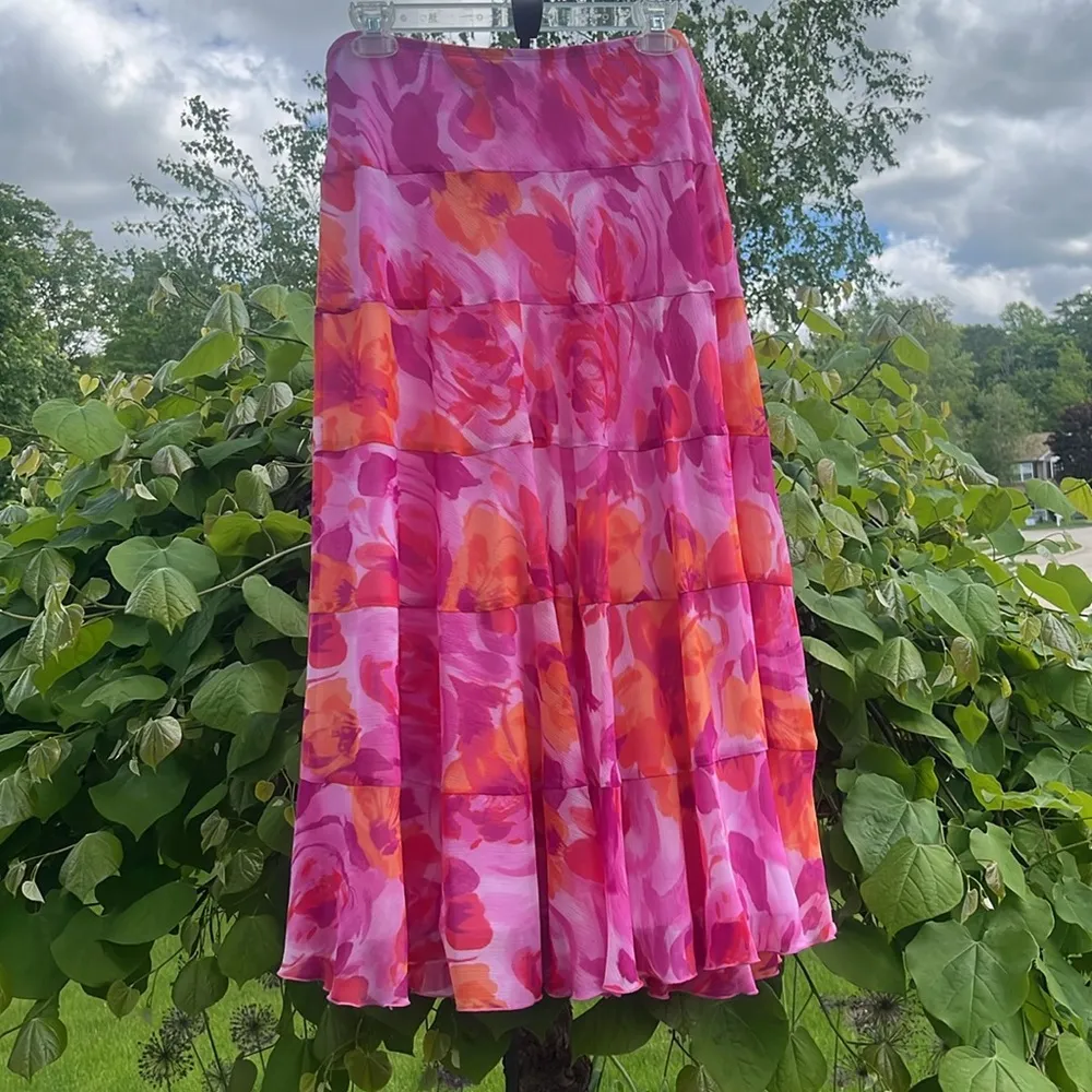 Bright colorful boho flowy skirt pink orange 90’s size 14 P elastic waist - Image 3