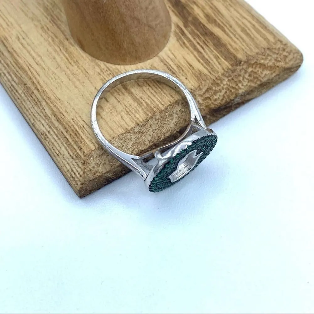 Hamsa Sterling Silver Pave Set Green CZ Ring Size 8 3/4 Silver - Image 5