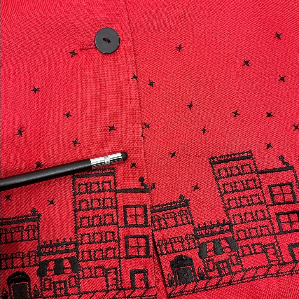 Coldwater Creek Linen Embroidered Cityscape Blouse Button 3/4 Sleeve Women 1X - Image 9