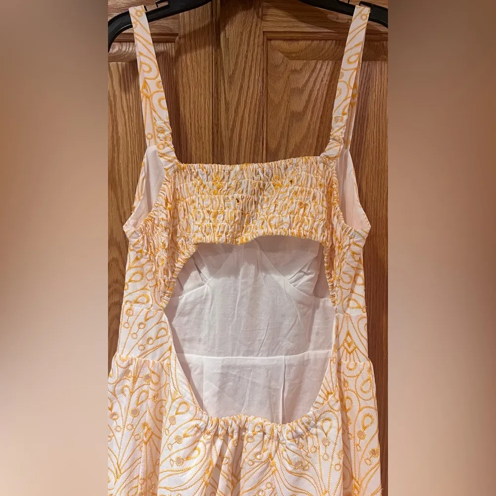 LOFT Eyelet Open Back Woven Cotton Lined Maxi Dress in Yellow &‎ White Sz 10 NEW - Image 10