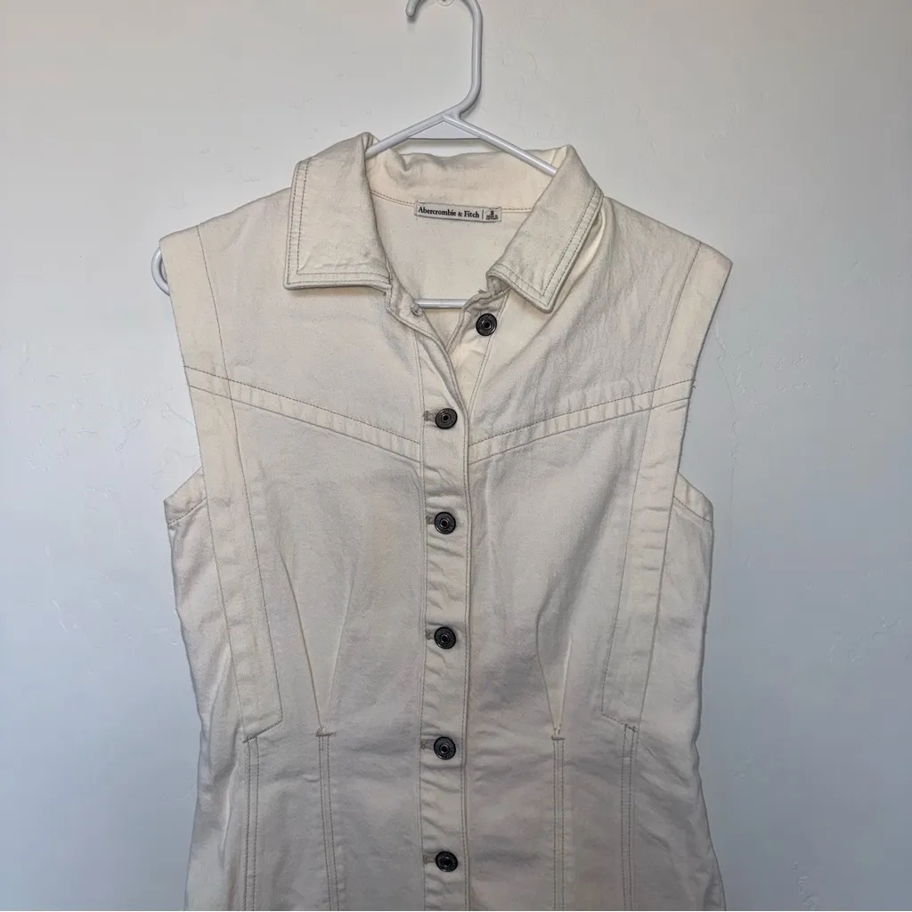 Women's Abercrombie Collared Denim Shift Mini Dress Button Up Small Cream - Image 4