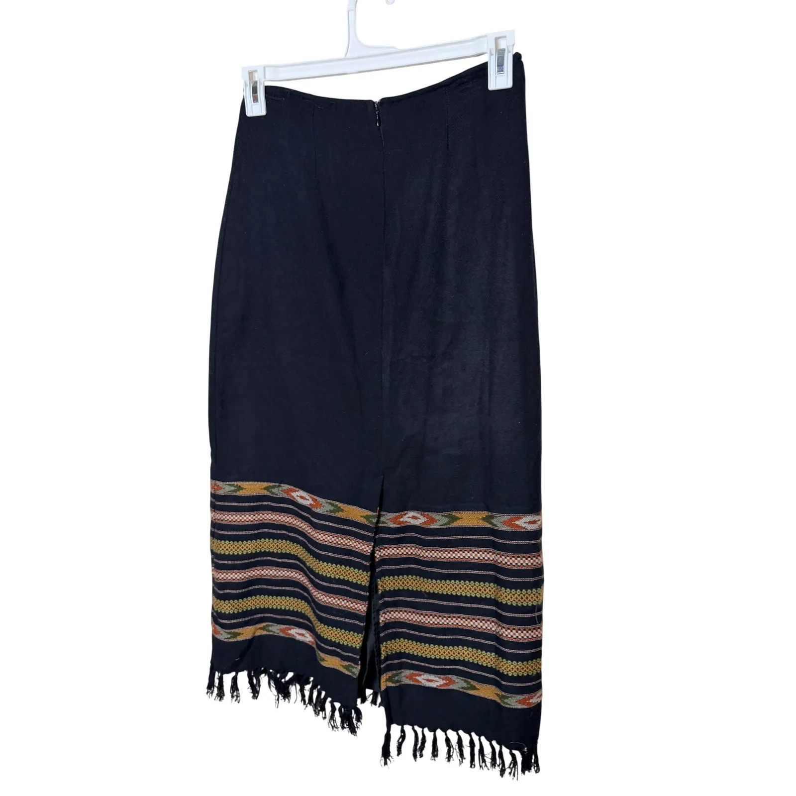 Vintage White Stag Aztec Black Fringed Wool Blend Maxi Skirt Women Size 10 - Image 4