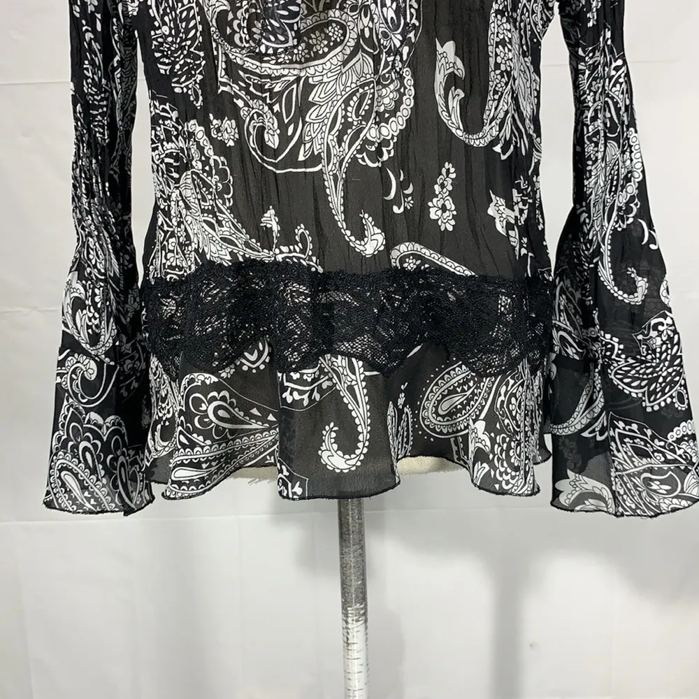 Black White Semi Sheer Paisley Print Long Sleeve Blouse Size Large - Image 3