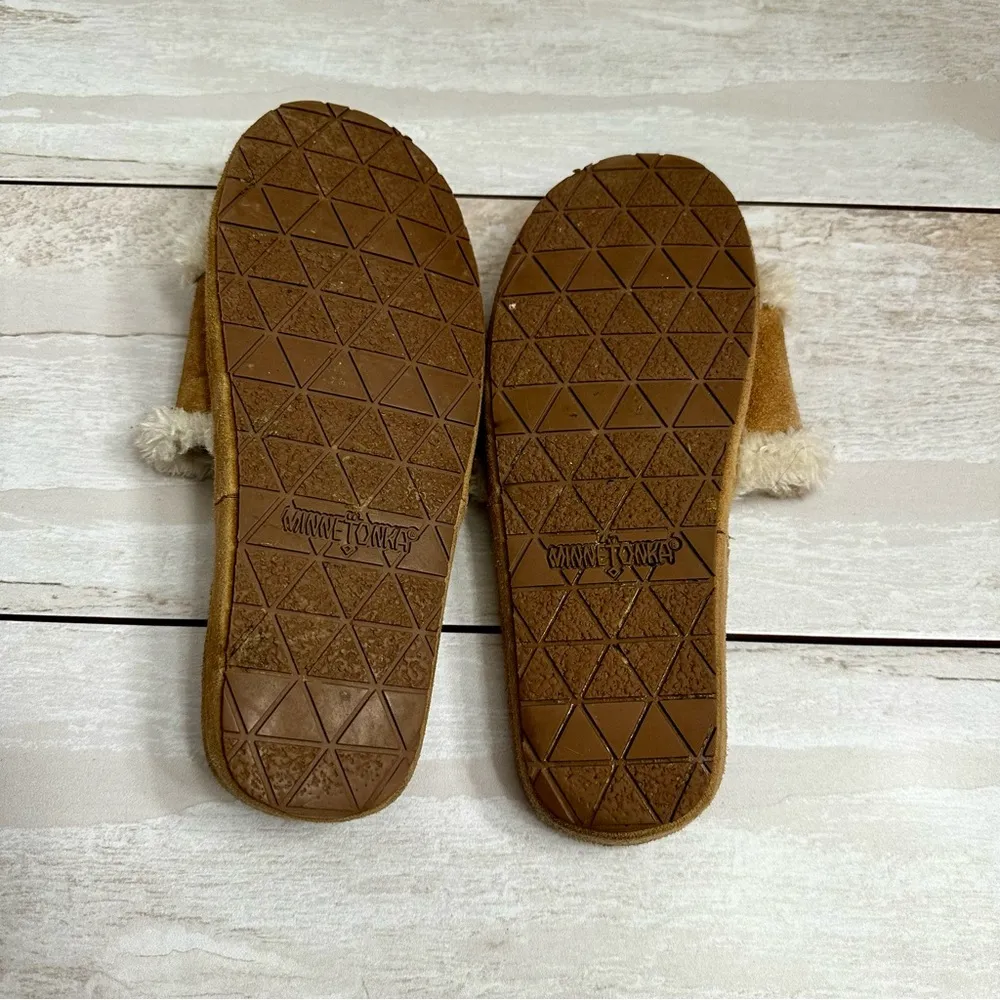 Minnetonka Brown Suede Sherpa Lined Slip On Slides Women Sz 7 Comfy House Shoes - Image 10