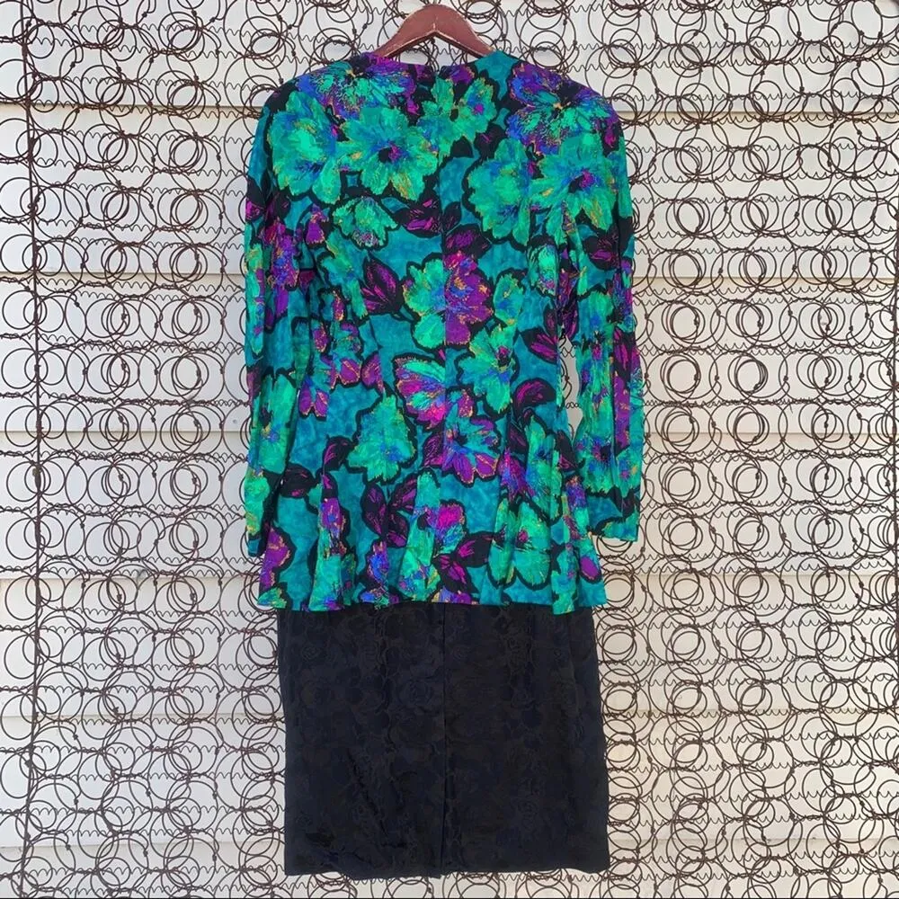 Vintage 90s Adrianna Papell 100% silk dress neon green floral Size 8 - Image 7
