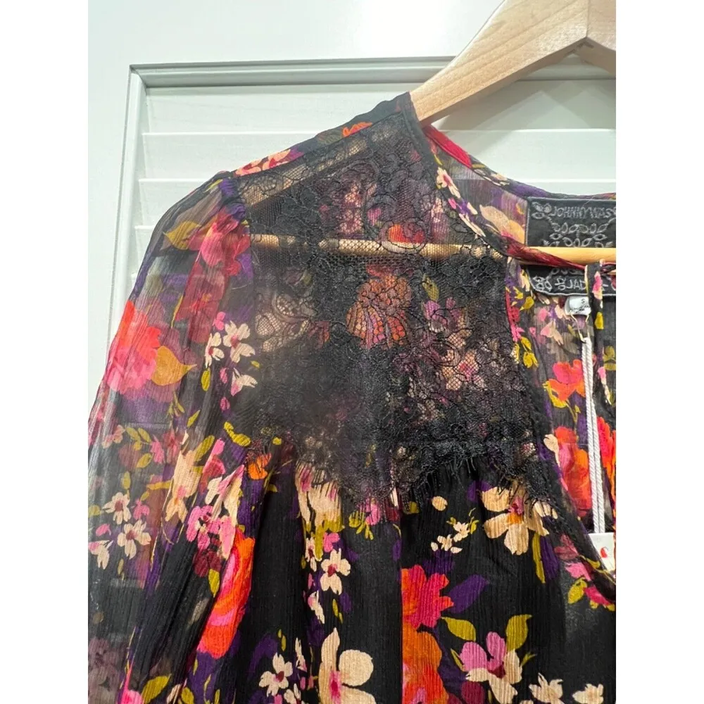 Johnny Was Black Floral Lace Blouse Sheer Long Sleeve Bohemian Peasant Top Small - Image 12