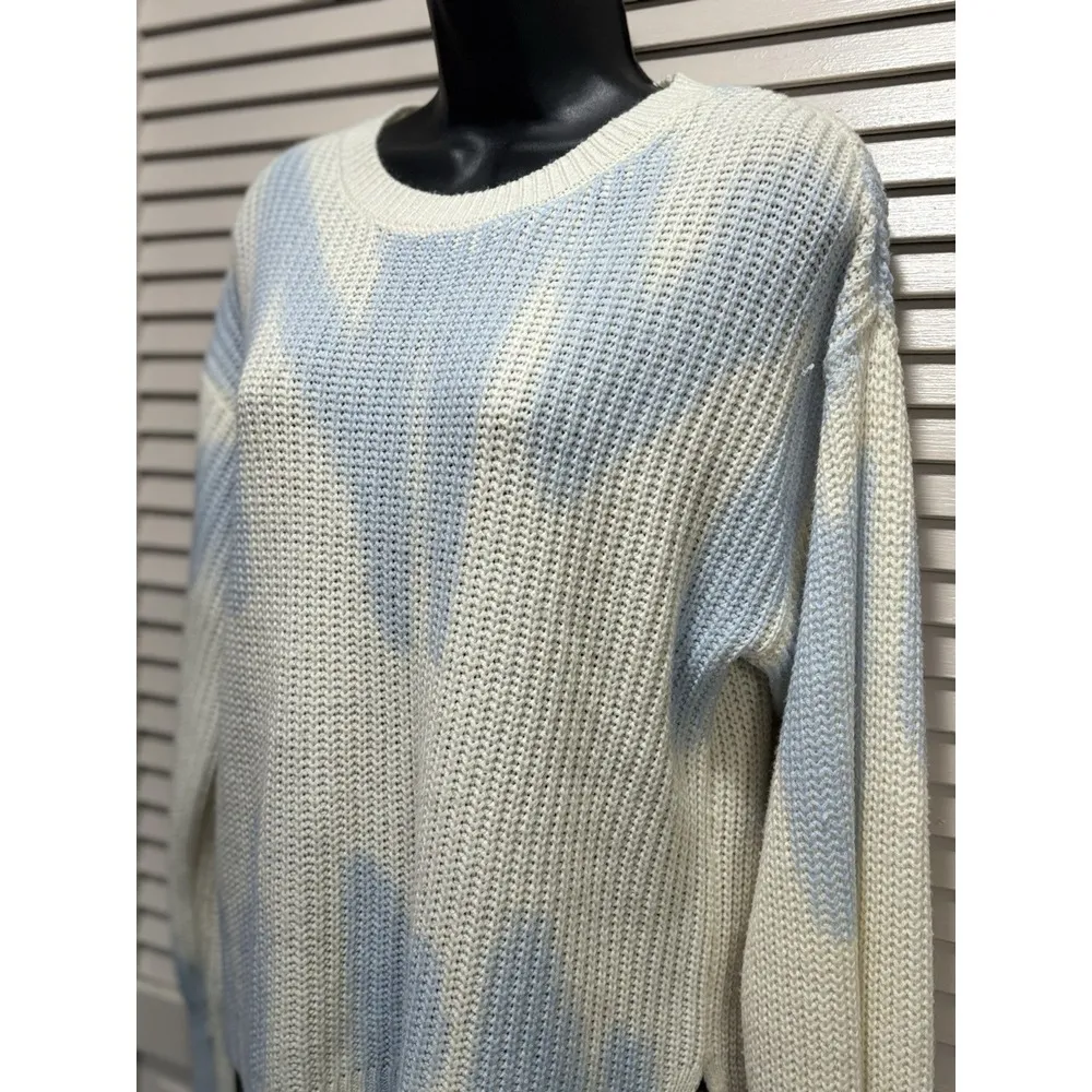 Rue 21 Cream/Blue Tie Dye Sweater Long Sleeve Size Medium Chunky Knit Side Slits - Image 2